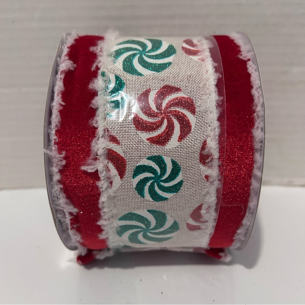 Red and White Peppermint WIRED Ribbon 3.5”